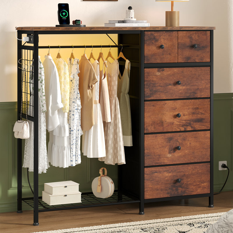 6-Drawer Storage Dresser with LED Lights, Hanging Rack & Charging Station, Rustic Brown