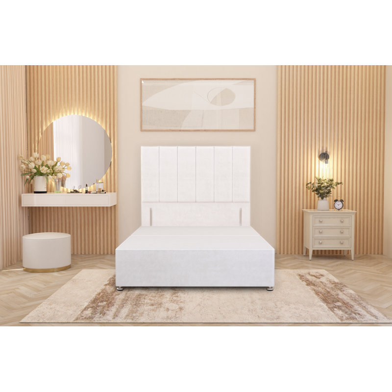 Asterin Divan Bed Base with 54" Floor Standing Headboard Plush Velvet, Small Double (4'), White, No Drawers