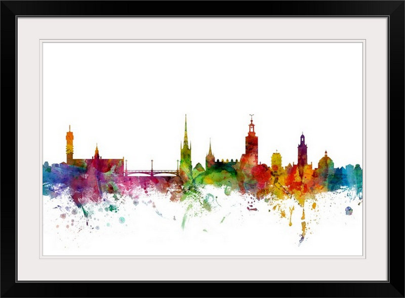 «Stockholm Suède Skyline» par Michael Tompsett, impression, Cadre noir, H 24 po x l 32 po x P 1 po
