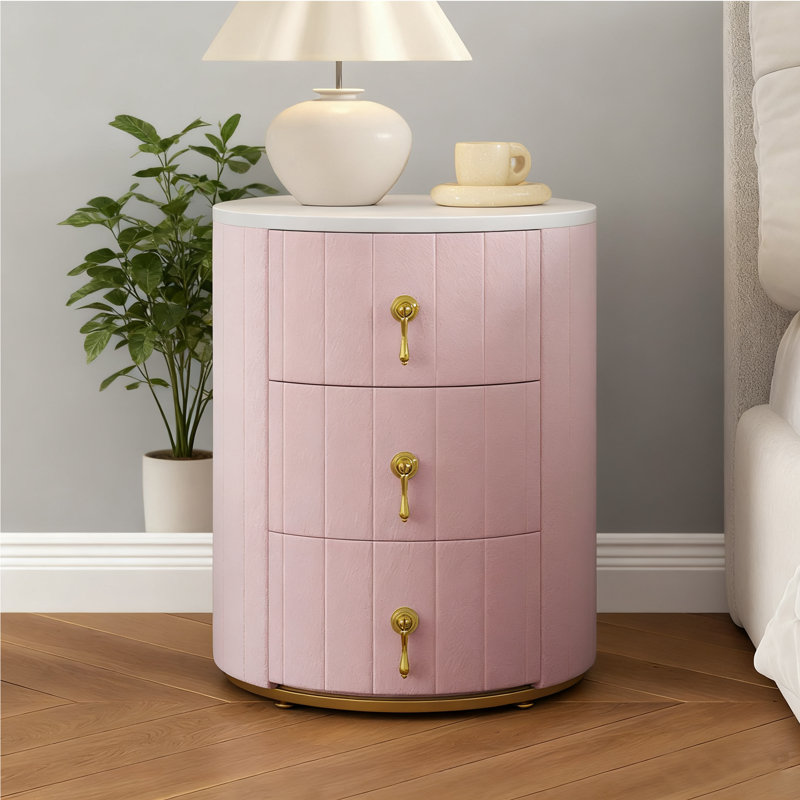 Table de chevet rembourrée à 3 tiroirs, Individuel, Rose