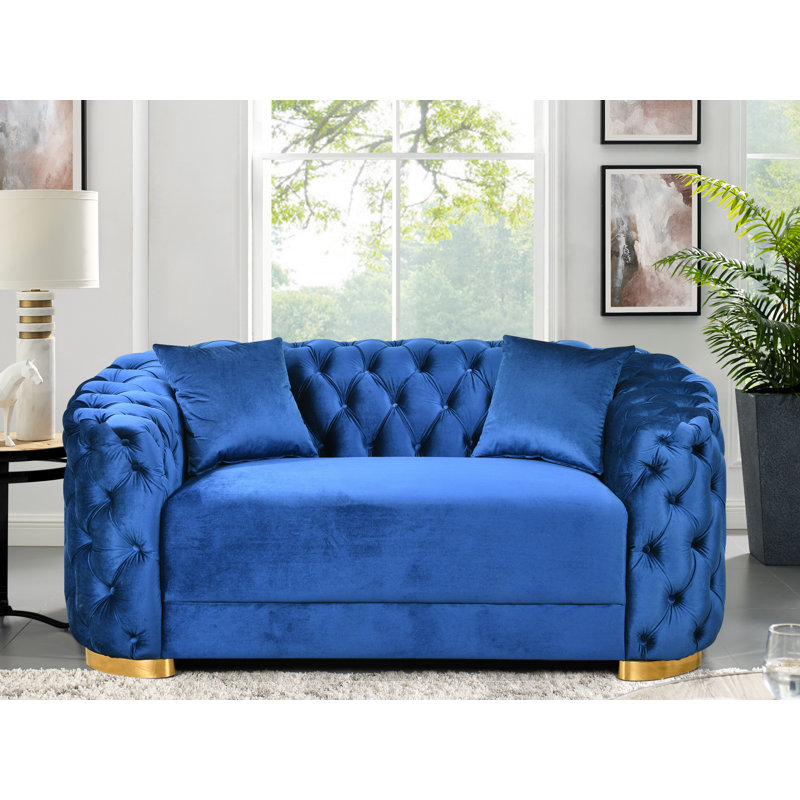 Causeuse Chesterfield 71,5 po en velours capitonné avec 2 coussins et pieds en métal, Bleu