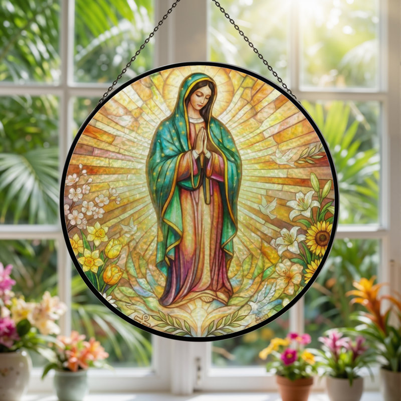 Panneau de vitrail de la Vierge Marie - 7,8H, H 7,8 po