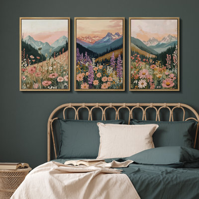 Floral Mountain Landscape Canvas Print Wall Art Set of 3 - Colourful Nature Decor for Living Room or Hallway