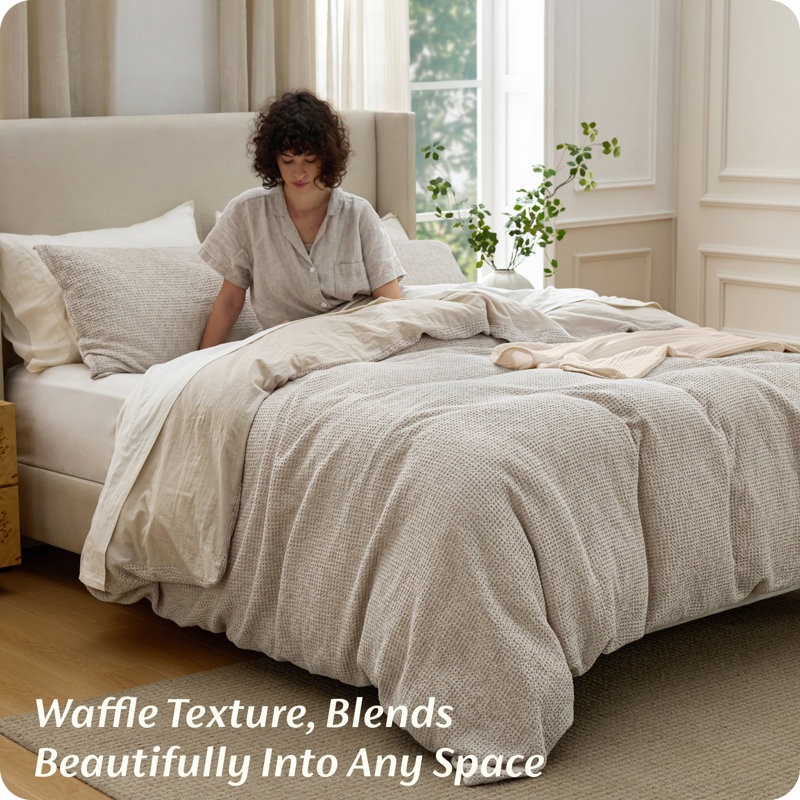 Bedsure Waffle Duvet Cover Queen - Pure Cotton Duvet Cover Linen Color, Space-Dyed For Enhanced Bedroom Aesthetics, Gentlesoft And Stylish All-Season, 3-Piece Bedding Set With Button Closure, 90"X90"