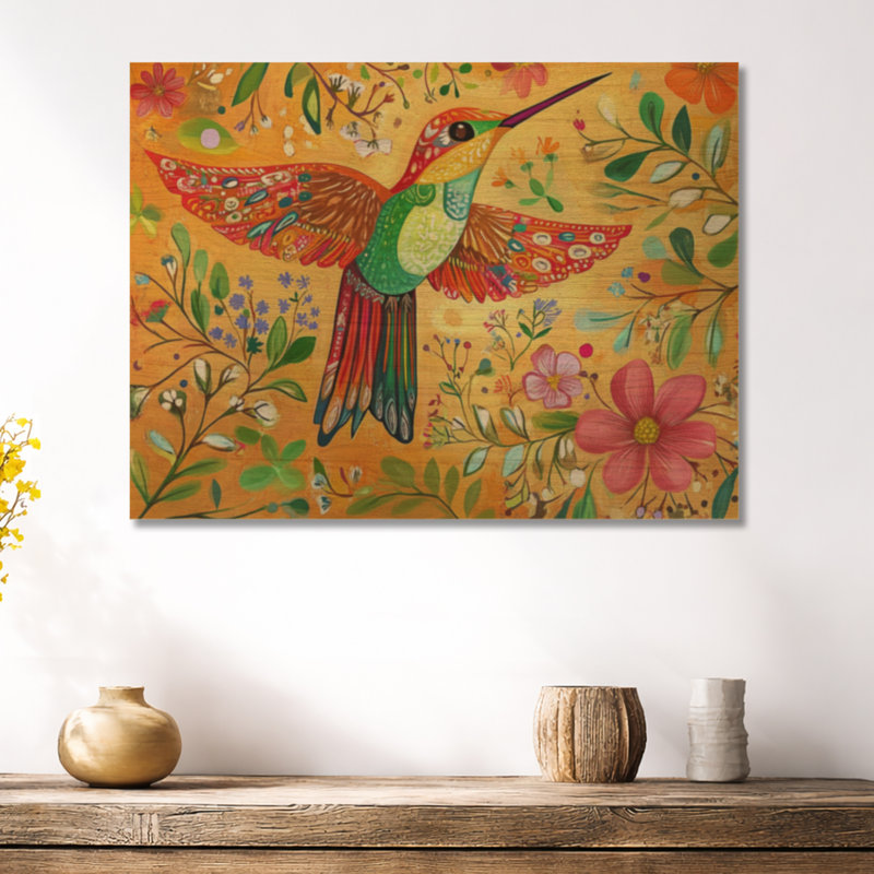 Colibri de mexicain I - reproduction boho jaune en bois, Rond 36 po, Rond