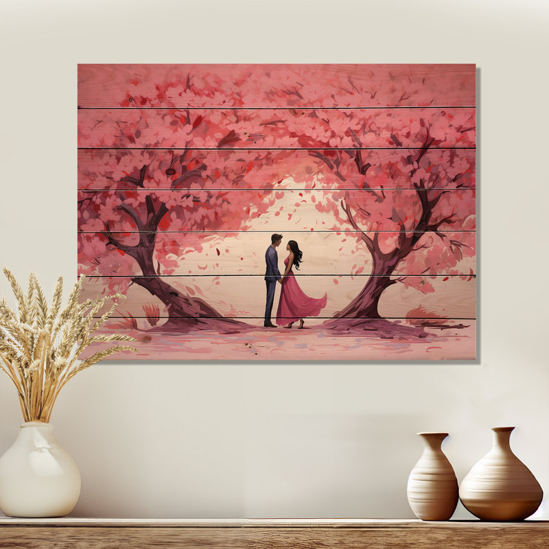 Couple Love Under The Tree II - Paysage romantique sur bois, H 24 po x l 32 po x P 0,78 po