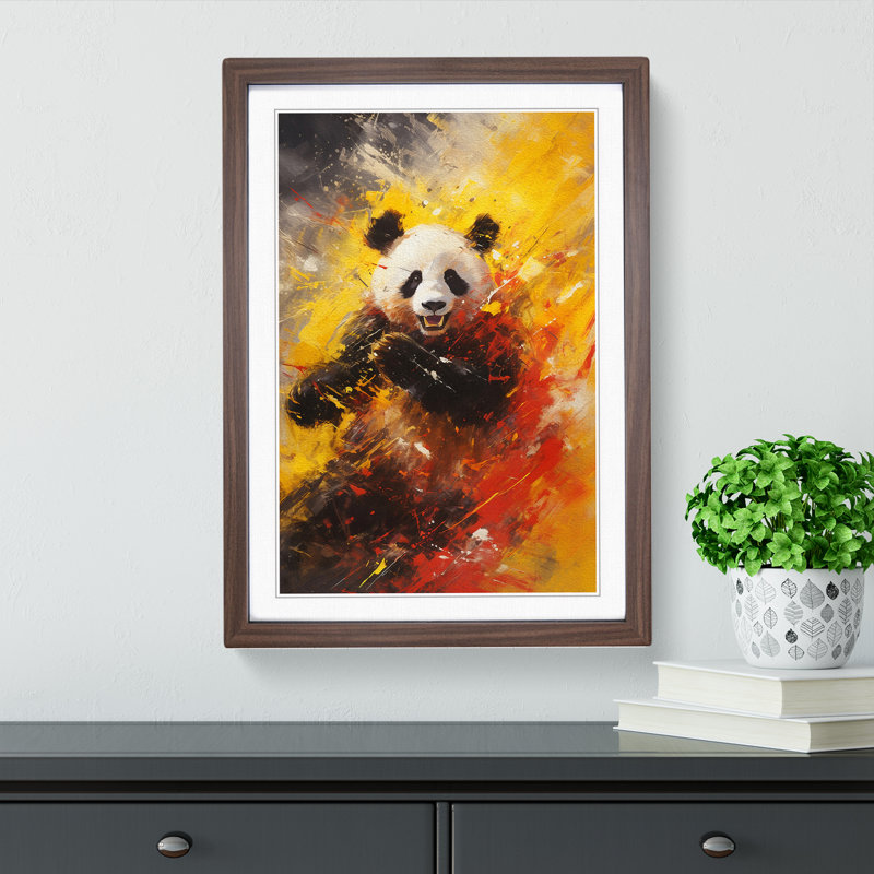 Panda Action - Single Picture Frame Print on Wood, Walnut Framed, 34cm H x 25cm W x 2" D