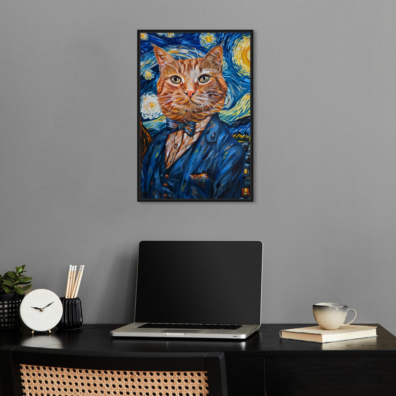 «Starry Night Van Gogh Cat», impressions sur toile de chat excentrique par Notoriart, Cadre noir, H 16 po x l 11 po