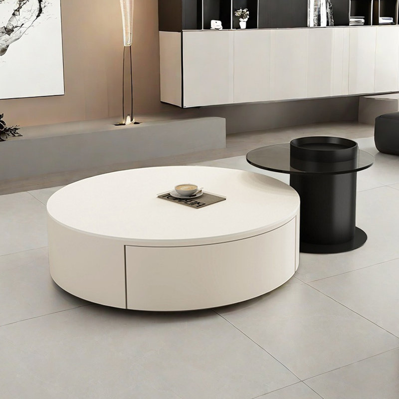 Table basse moderne simple ronde, H 12,2 po x L 31,5 po x l 31,5 po, Blanc, Blanc