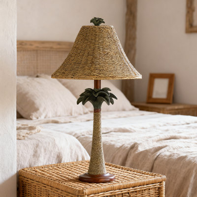 Lampe de table décorative à DEL avec abat-jour en rotin, conception de palmier pour l'éclairage de chambre à coucher de bureau tropical