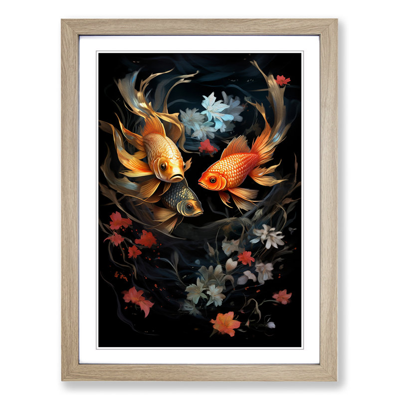 Pisces Fish Zodiac Classicism No.2 - Single Picture Frame Print on Wood, 64cm H x 46cm W x 2cm D, Oak Framed