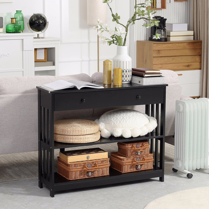 Console de style couloir avec tiroir extra large, 2 tablettes ouvertes et structure en lattes de bois