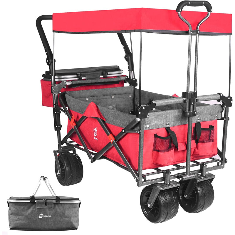 Chariot pliable pour chariot pliable avec auvent amovible, roues tout-terrain, frein et sac isotherme pour le camping, la plage et le magasinage | Idée de cadeau
