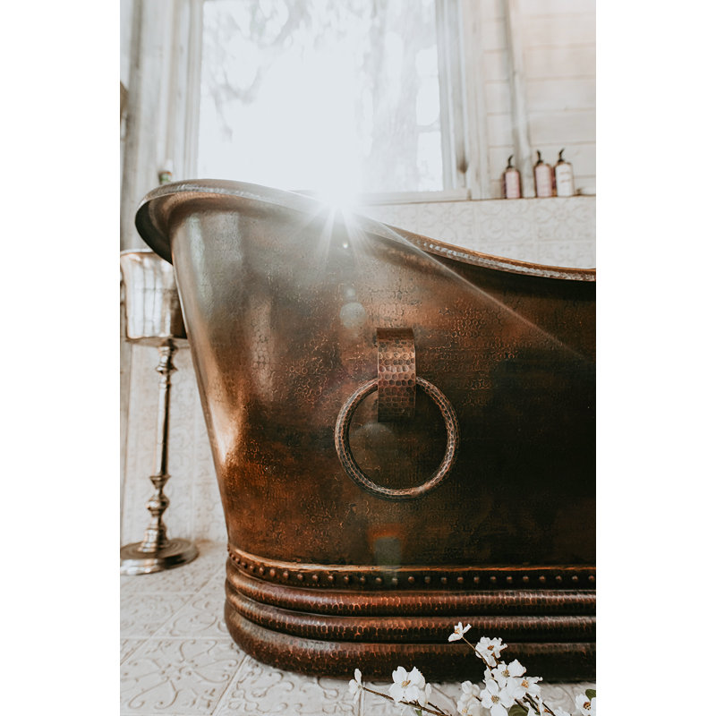 67" Hammered Copper Double Slipper Bathtub With Rings, Oil Rubbed Bronze