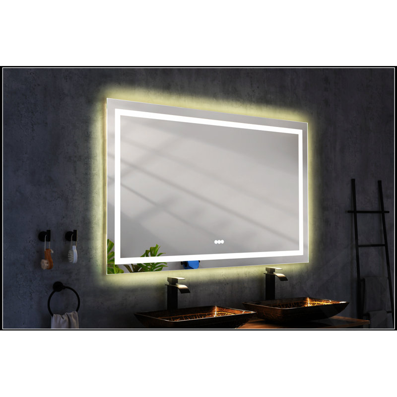 Miroir de salle de bain 60 po x 36 po à DEL avec éclairage avant et arrière, anti-buée, mémoire, 3 couleurs, réglable en continu