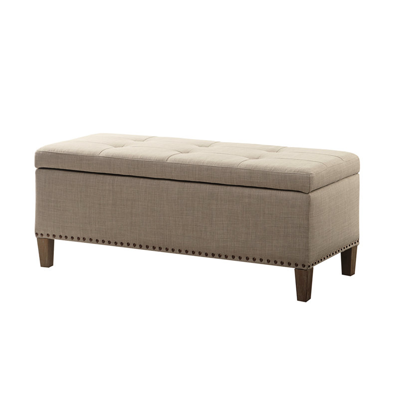 Soft Close Storage Bench With Grey Linen, Interior Storage, Birch Legs Dark Finish, 42" Length X 18" High Modern Top, 42W 18D 18H, Lid, 400 Lbs Weight Capacity