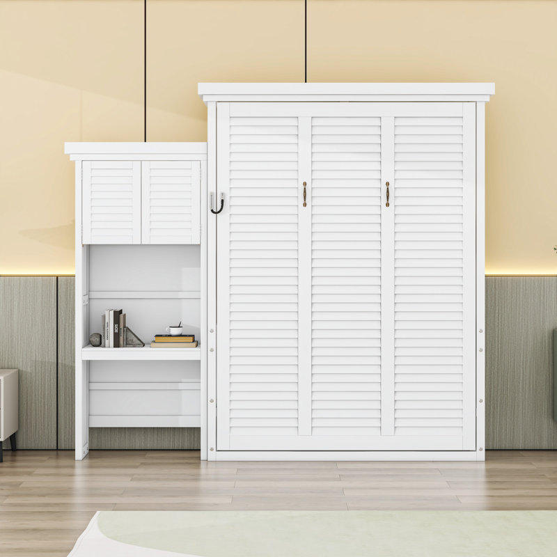 Grand lit escamotable avec persiennes et plusieurs tablettes de rangement, Blanc