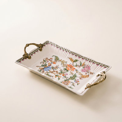 Vintage Floral Ceramic Serving Tray with Antique Gold-Tone Handles, Traditional Rectangular Decorative Tray