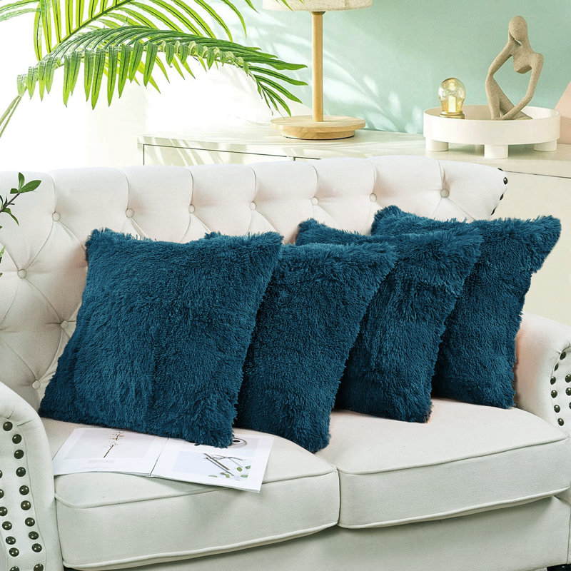 Housse de coussin décoratif en fausse fourrure Shaggy, Sarcelle