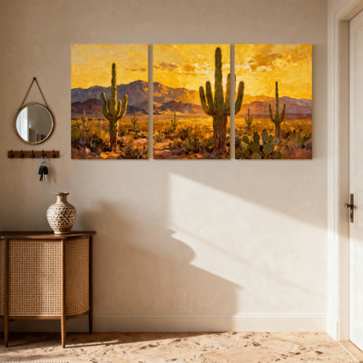 Cactus Desert Landscape With Cacti And Mountains Set of 3 Canvas Wall Art Prints
