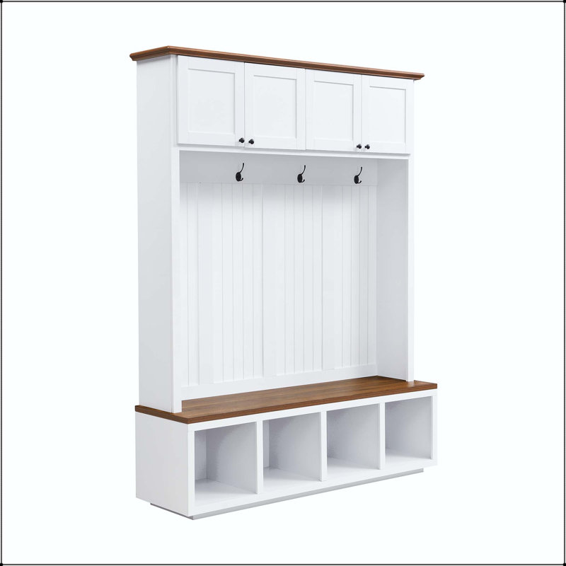 59" Entryway Hall Tree with Bench & Storage, Wood-Grain Accent, White