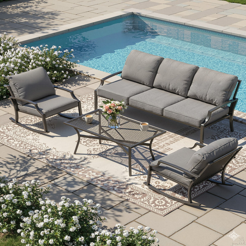4 Piece Metal Mesh Patio Conversation Bistro Set With Coffee Table, Dark Gray