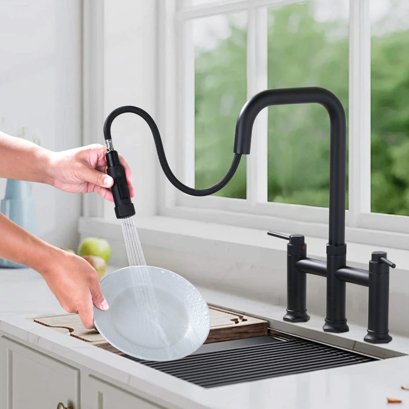 3 Holes Brass Double Handle Bridge Kitchen Faucet With 2-Mode Pull Down Sprayer And Supply Lines, Matte Black