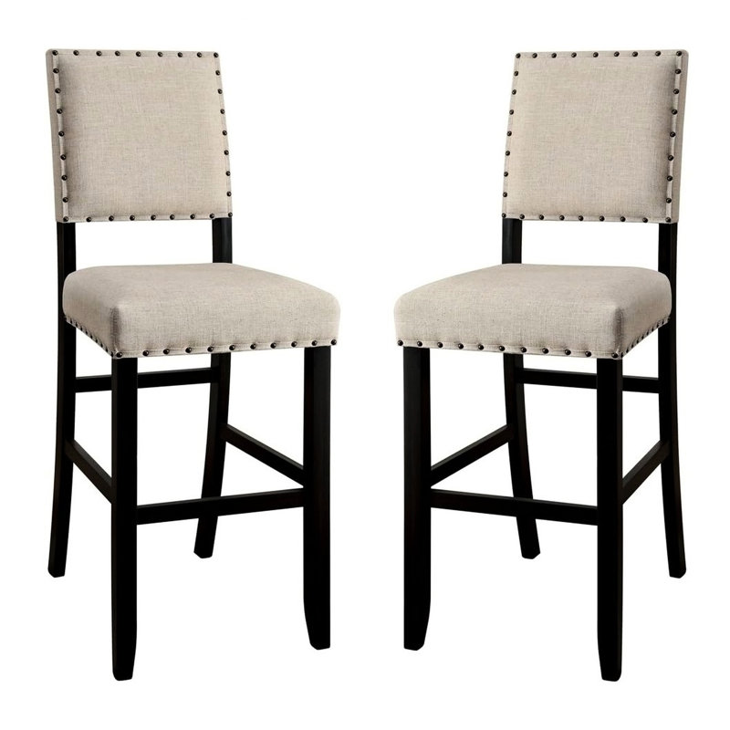 Tabourets de bar à hauteur de comptoir, 2 pièces, aspect rustique, tissu semblable au lin, bois massif, garniture cloutée, chaises 2 pièces en noir antique, housse, design