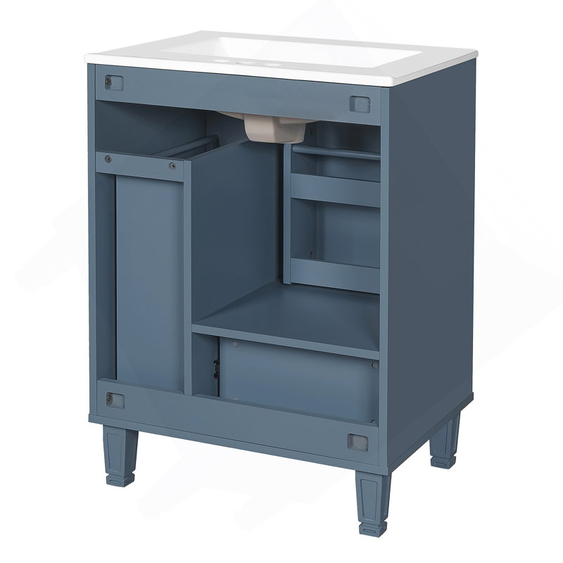 Meuble-lavabo 24 po avec lavabo, armoire de salle de bain avec tablette de porte, tiroir profond, panier coulissant à 2 niveaux, structure en bois massif et panneau de fibres à densité moyenne, un paquet, gris