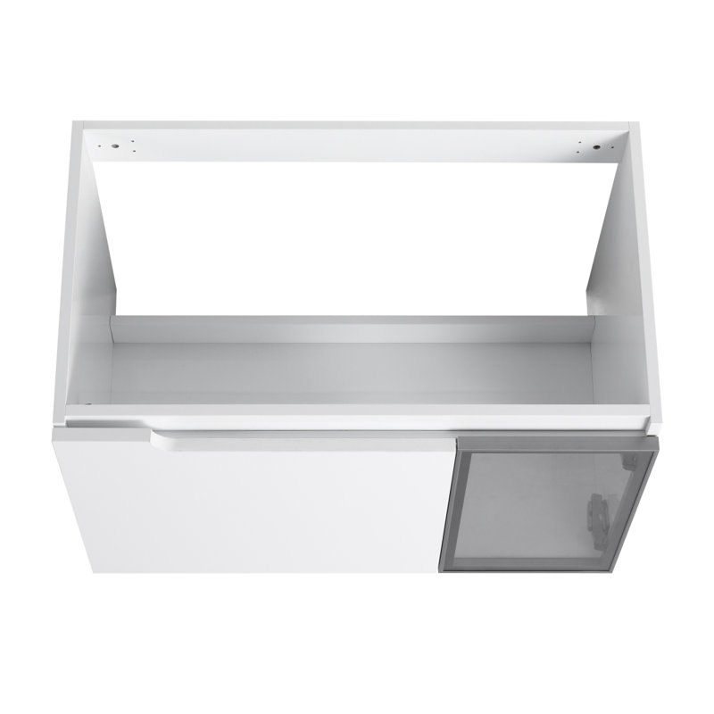 Meuble-lavabo mural 30 po, 2 portes à fermeture en douceur, meuble-lavabo blanc brillant et 1/2 porte en verre gris, contreplaqué (emballage KD) - Lavabo non compris