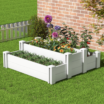 Outdoor Decorative Vinyl White Rectangle Raised Garden Bed with Anchoring Spikes