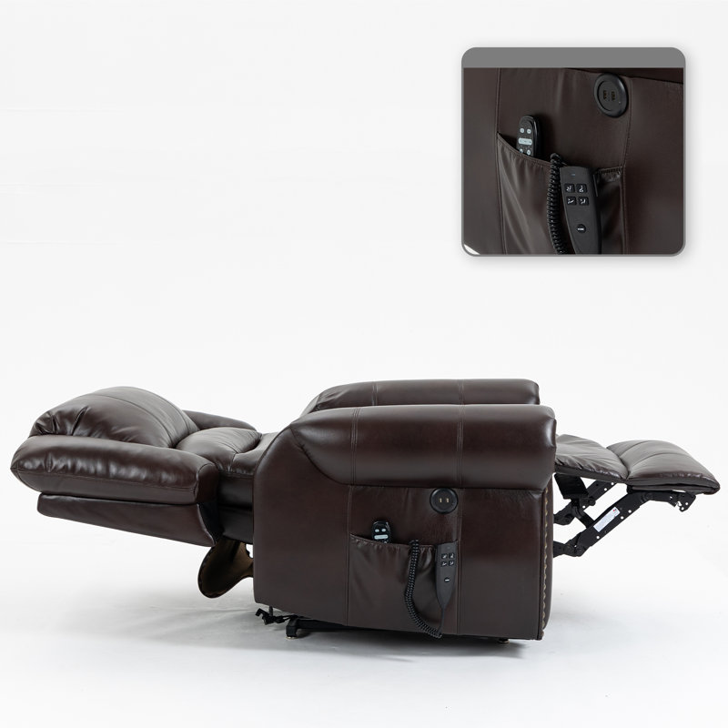 Vintage Power Leather Upholstered Recliner Chair with Lift Base and Massage Heating Function, Antique Brown Faux Leather