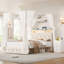 Ensemble de chambre à coucher pour enfants: cadre de lit à baldaquin à DEL avec ports de charge + 2 tables de chevet avec prises et tiroirs (blanc crème, tailles F)-1332448568-1337733672