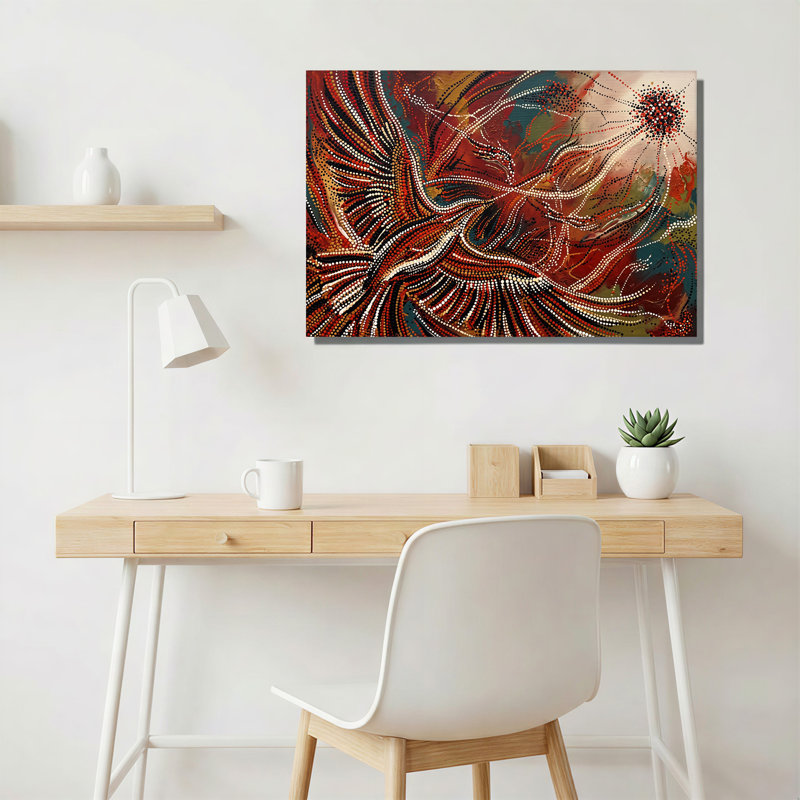 Peinture abstraite rouge et noire sur toile à plumes tourbillonnantes, H 16 po x l 24 po
