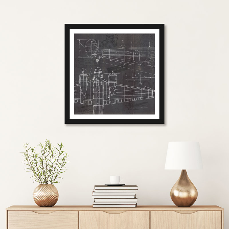 «Plane Blueprint II» par Marco Fabiano - impression d'art graphique, H 24 po x l 24 po x p 1 po, Papier encadré noir