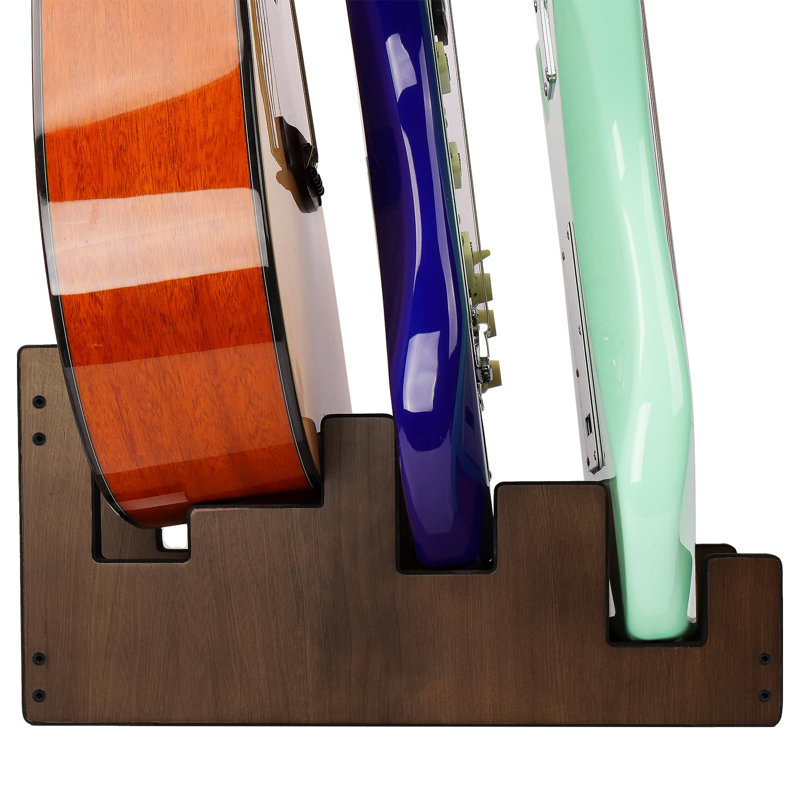 Wooden Guitar Stand For Multiple Guitars, 3-Holder, Front Display Space-Saving Floor Guitar Rack For Home, Studio, Stage, Walnut Color (For 2 Electric+1 Acoustic)