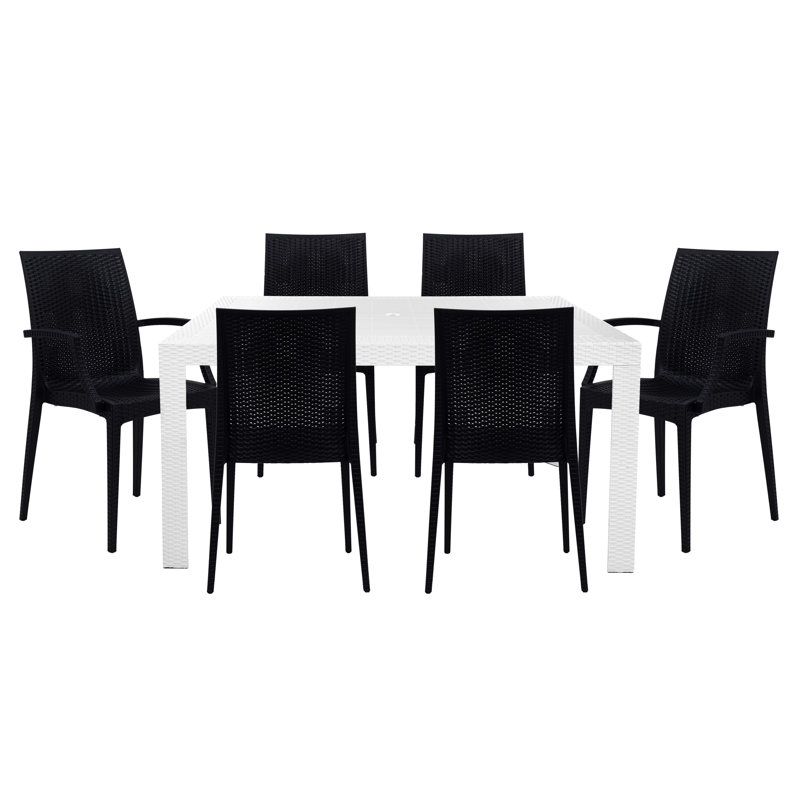 Ensemble de table de salle à manger 7 pièces pour l'extérieur avec trou pour parasol et 6 chaises, Noir / blanc