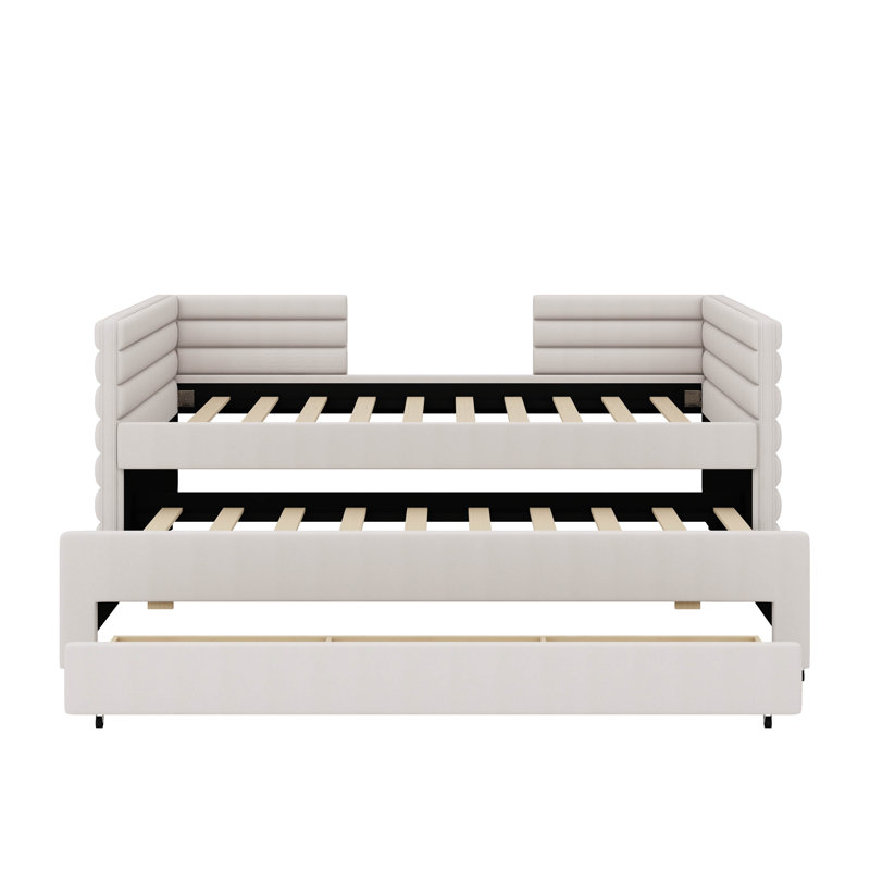 Lit de jour simple avec lit gigogne et 3 tiroirs de rangement intégrés, Beige