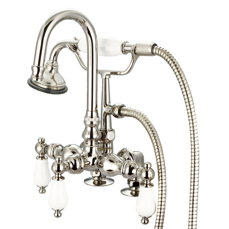 3 Handle Deck Clawfoot Tub Faucet, Porcelain Lever Handles, Polished Nickel