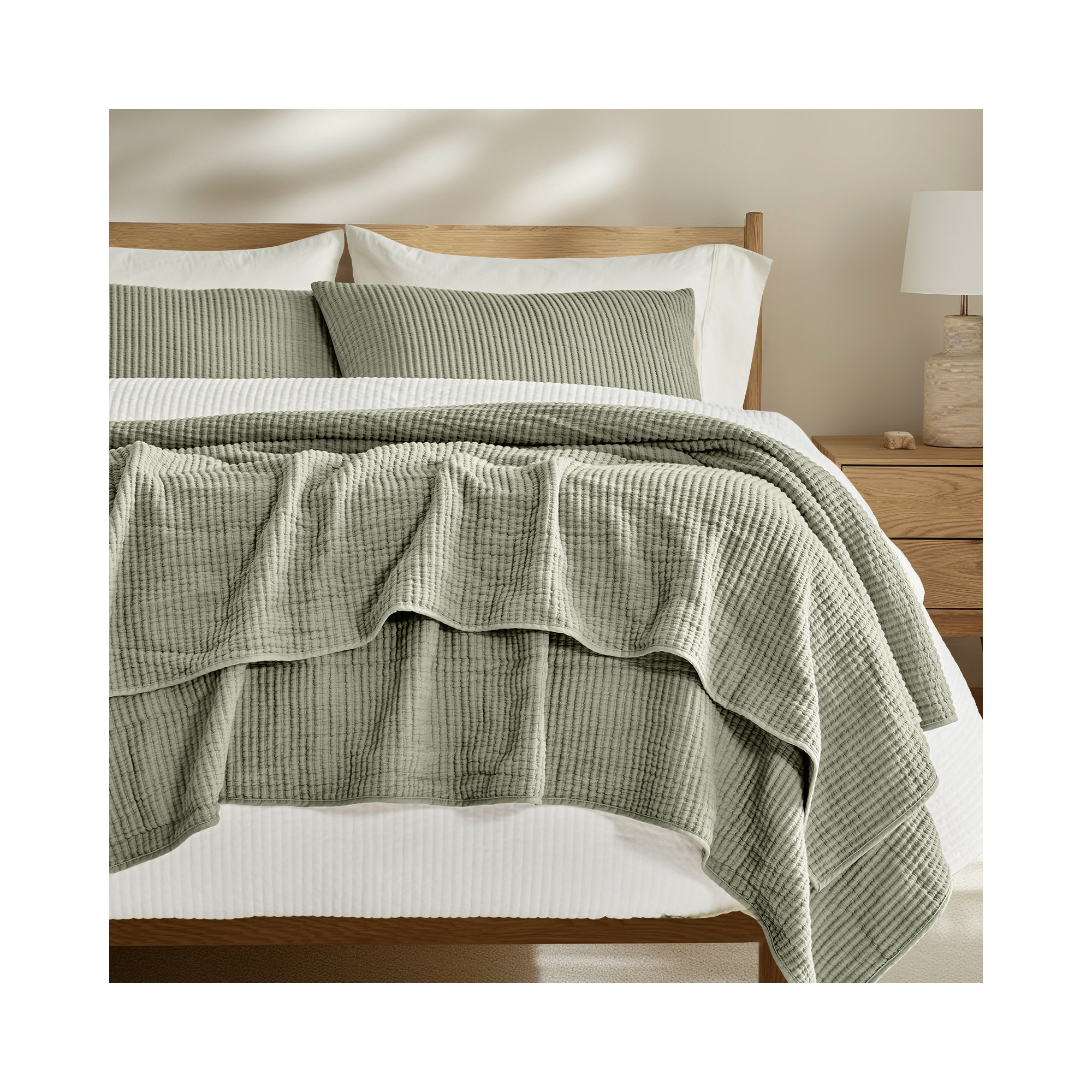 Ribbed Matelassé Cotton Coverlet Set, King Quilt + 2 King Shams, Sage Green