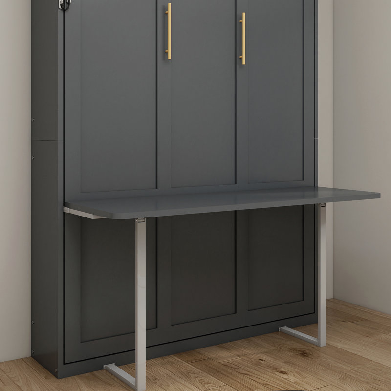 Lit escamotable escamotable Queen vertical avec bureau intégré, gain de place, idéal pour adulte ou chambre d'amis, gris