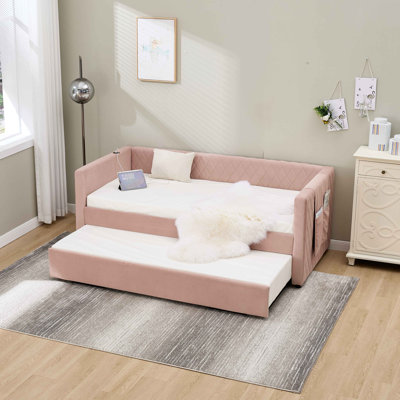 Lit de jour en velours, cadre de lit en bois robuste, conception coulissante en grille de diamant moderne pour chambre à coucher, mobilier de salon