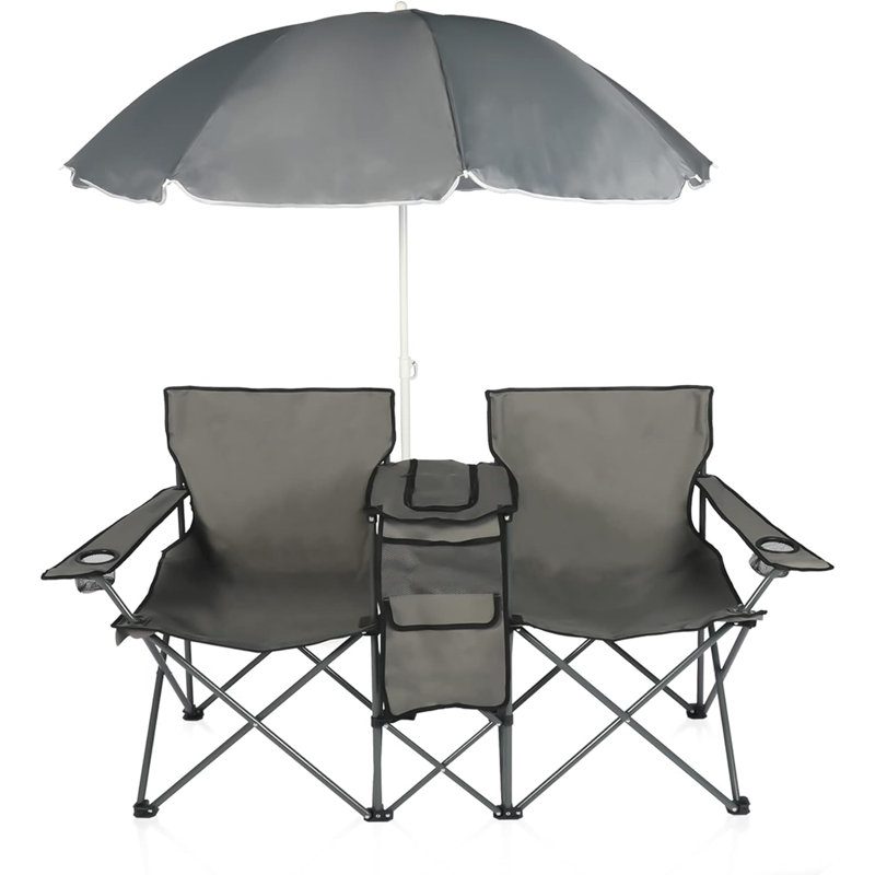 All-in-One Outdoor 2-Person Beach Portable Camping Chair with Sunshade Umbrella, Gray