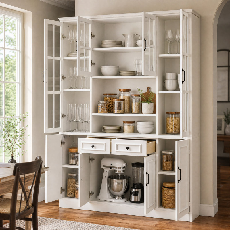 Armoire de cuisine Fairbank de 78,7 po de hauteur avec portes vitrées, 2 tiroirs et étagères réglables