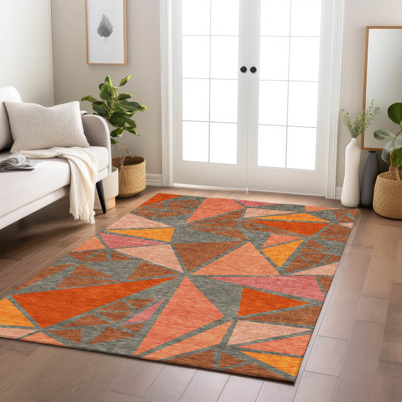 Rust and Gray Geometric Washable Indoor/Outdoor Rug 2'6" x 3'10"