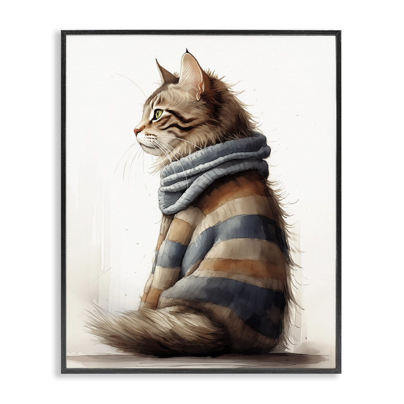 Chat en rayé, estampe numérique par Sasha, Giclée encadrée noir minuit, H 14 po x l 11 po