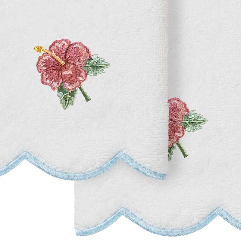  100% Turkish Cotton MAUI Scallop 2PC Embellished Fingertip Towel Set, Fingertip Towels - 2 Pack, White/Blue