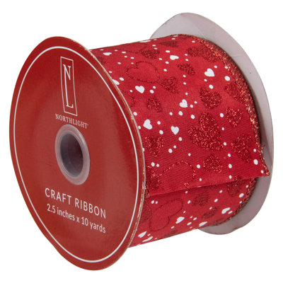 Ruban d'artisanat rouge et blanc avec cœurs rouges et blancs 2,5 po x 10 verges