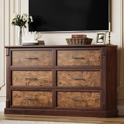 Farmhouse 47 Inch Long 6-Drawer Wood Dresser - Rustic Chest of Drawers for Bedroom, Living Room