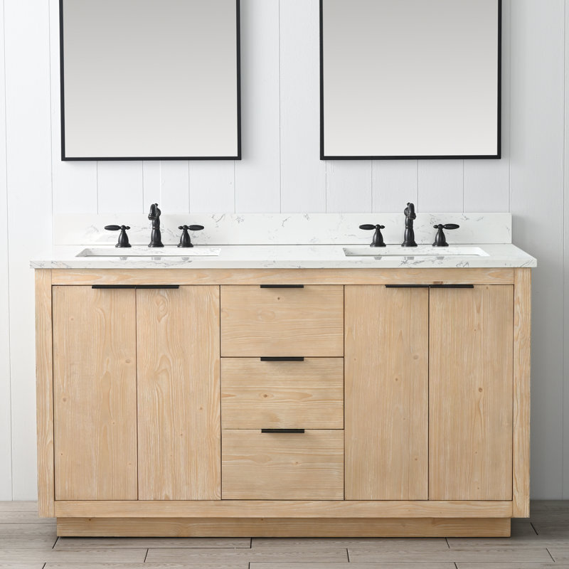 Ensemble de meuble-lavabo double 60 po Charlyann, Teck blanc